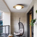 Semi-flush ceiling light with travertine and wood finish, warm white LED glow, modern low-profile design