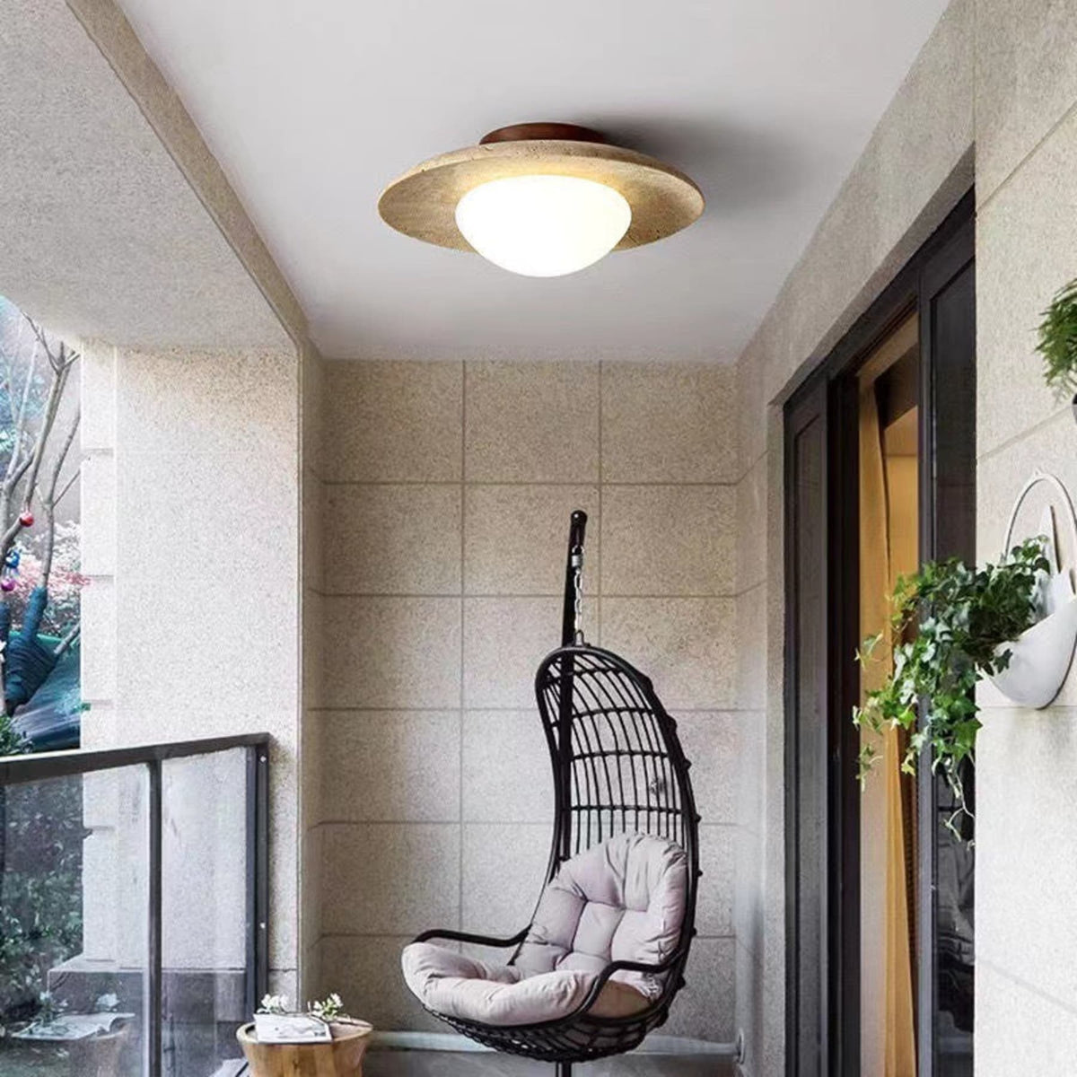 Semi-flush ceiling light with travertine and wood finish, warm white LED glow, modern low-profile design