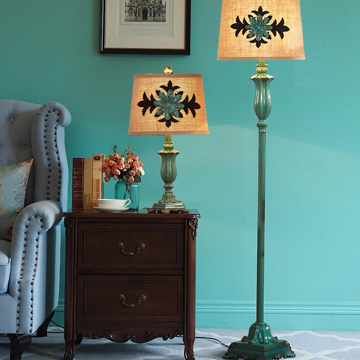 Vintage green floor lamp with metal and resin base, warm brown cotton-linen shade, living room