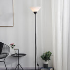 Floor lamp with cup-shaped acrylic shade and metal pole, minimalist multi-colour design