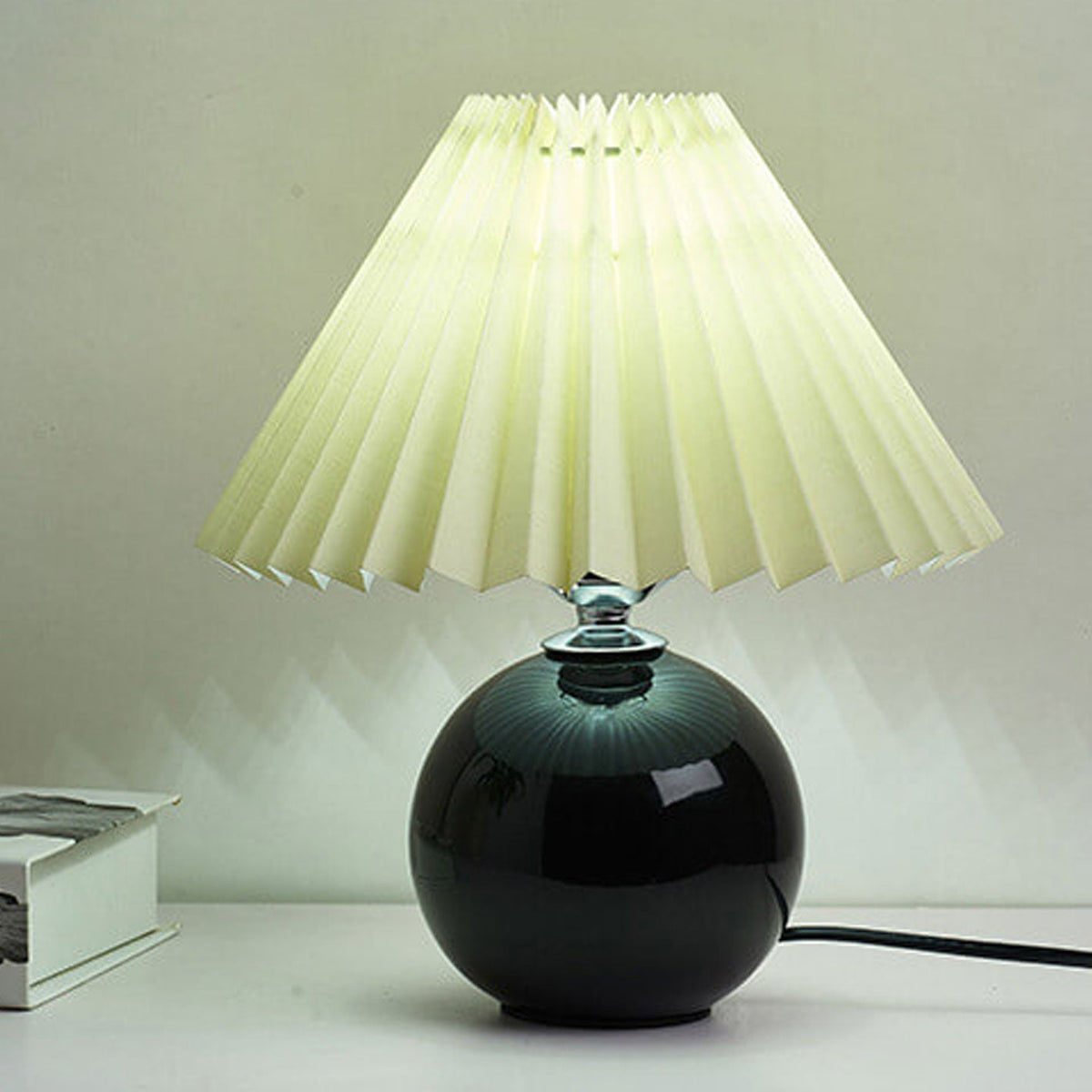 Ceramic table lamp vintage plug-in design with pleated cone shade, minimalist