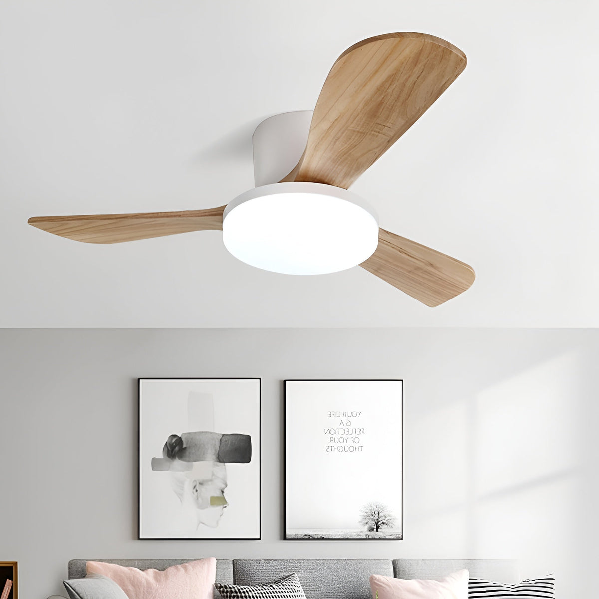 DC ceiling fan with LED light, Nordic wood blades, 6-speed DC motor, warm white 3000K