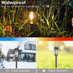 Solar garden lights 8-pack with glass shade and stainless steel pole, pathway stake installation