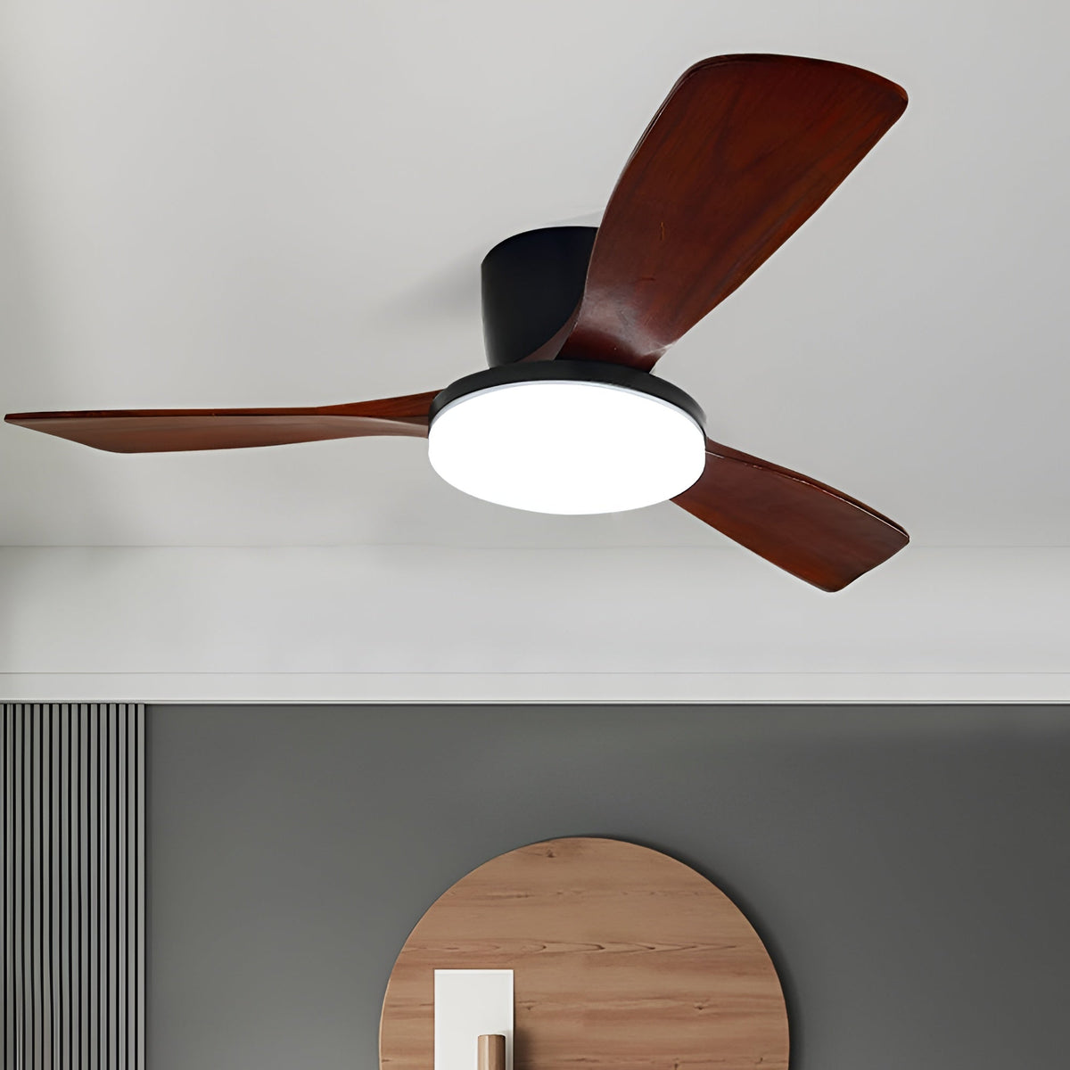DC ceiling fan with LED light, Nordic wood blades, 6-speed DC motor, warm white 3000K