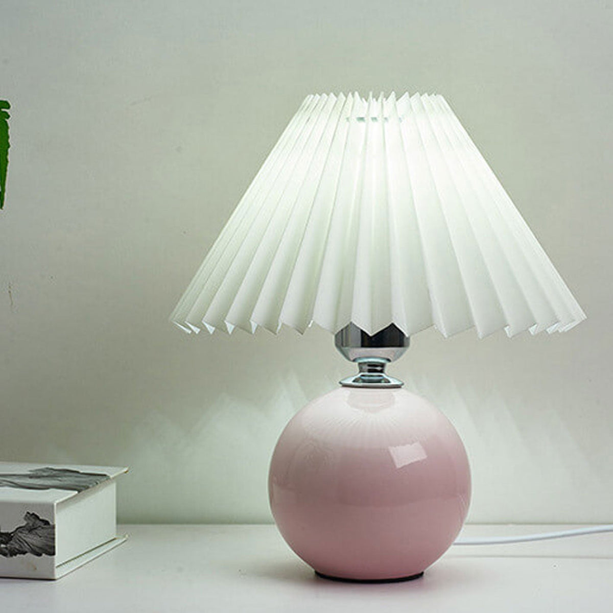Ceramic table lamp vintage plug-in design with pleated cone shade, minimalist