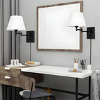 Plug-in swing arm wall lamp with linen shade and black iron frame, warm white E26 LED