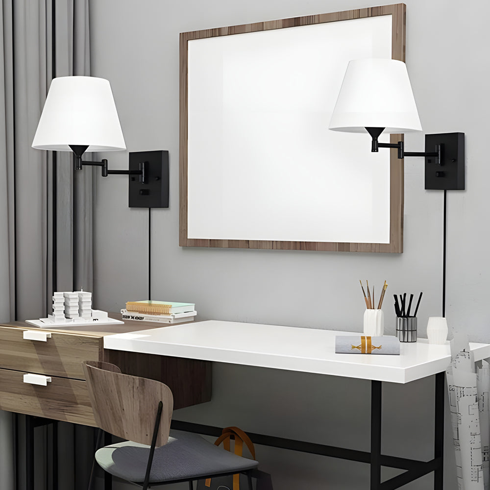Plug-in swing arm wall lamp with linen shade and black iron frame, warm white E26 LED