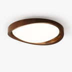 Flush mount ceiling light with walnut wood-effect frame and fabric shade, tri-colour, slim profile