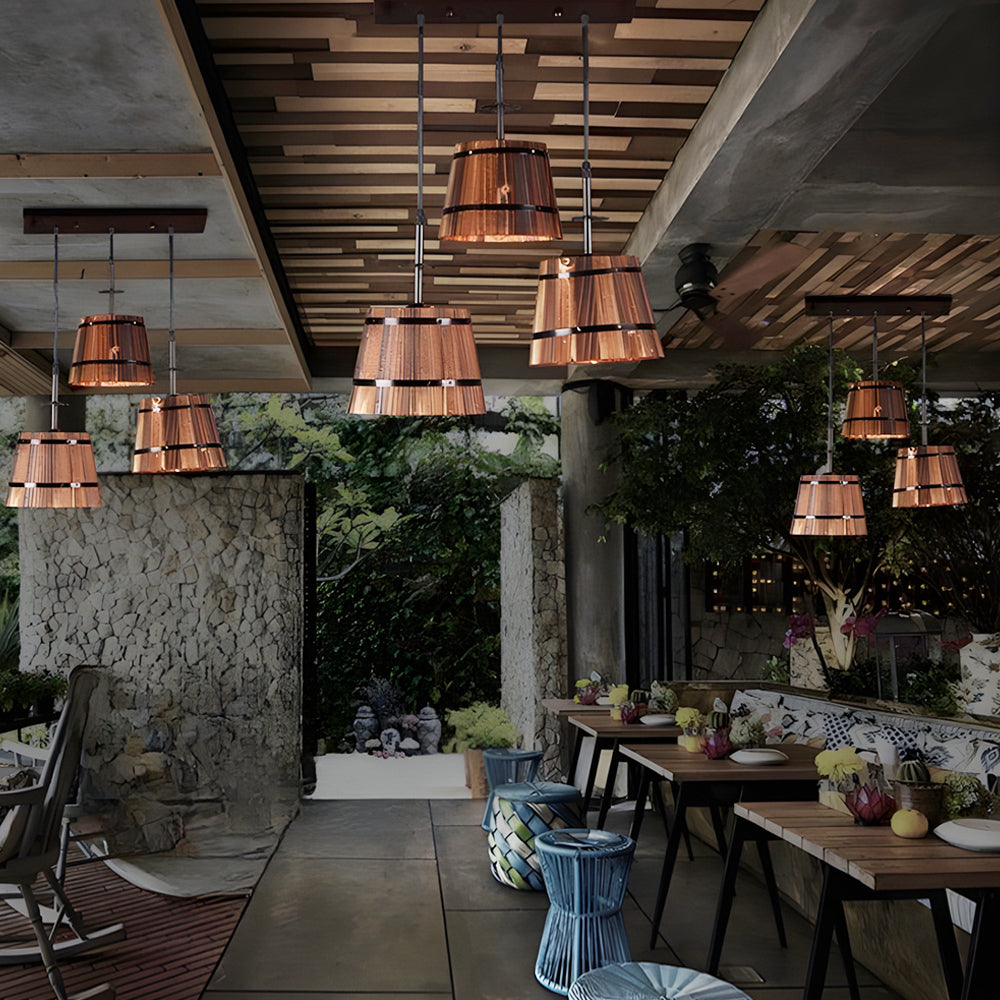 Pendant light with rustic wooden bucket shade, industrial vintage style