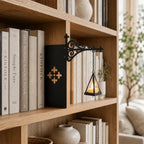Bookshelf light with decorative mini pendant and wrought iron bracket, warm white cordless