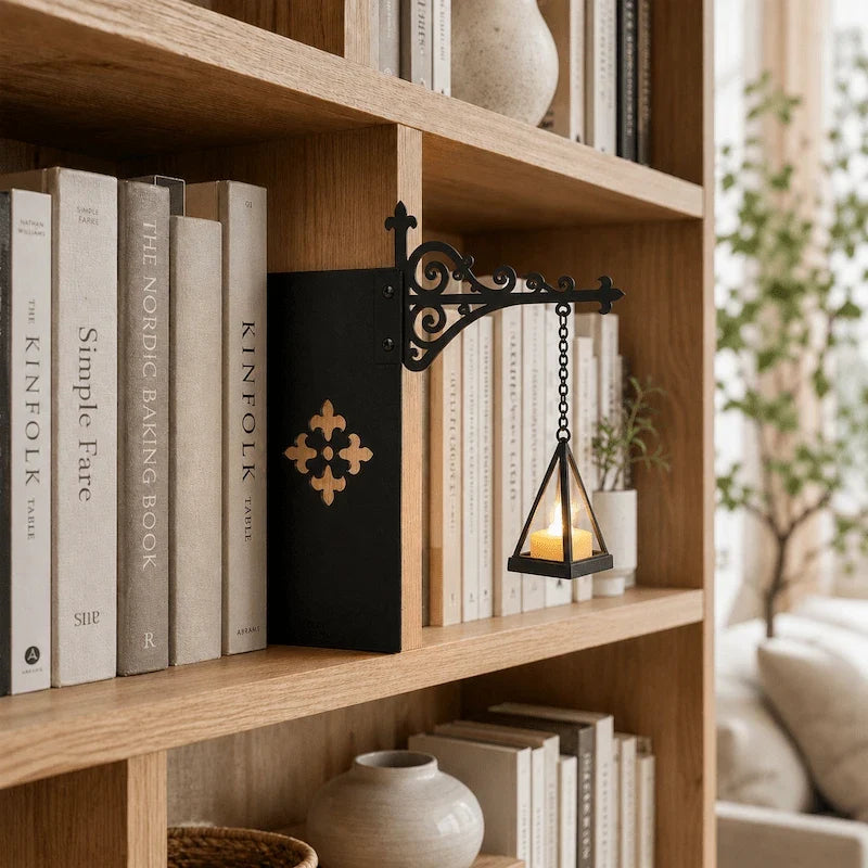 Bookshelf light with decorative mini pendant and wrought iron bracket, warm white cordless