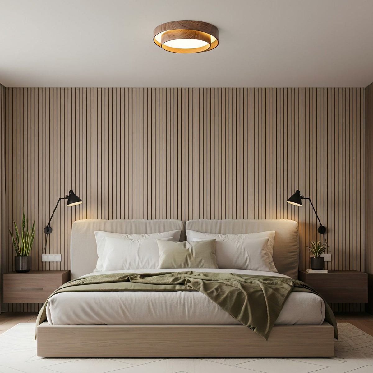 Flush mount ceiling light with walnut wood finish and multi-color LED, modern low-profile design