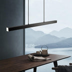 Modern linear LED pendant light in black metal with acrylic shade, dimmable, dining room