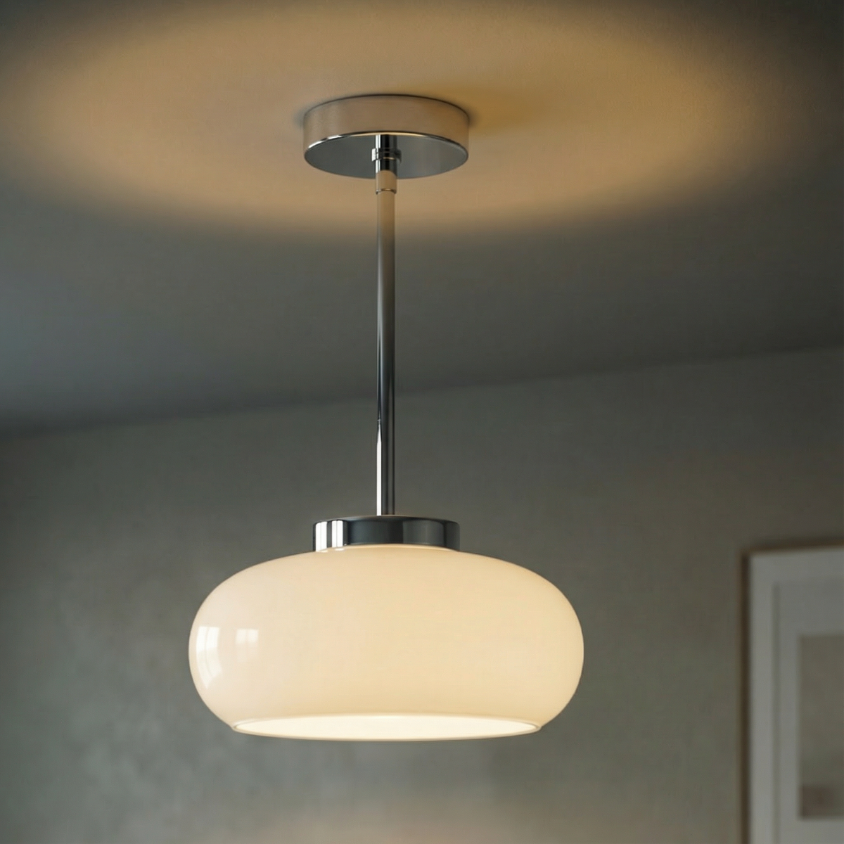 Flush mount ceiling light with vintage amber glass shade and brass canopy, E27 pendant