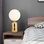 Hand-blown glass table lamp Nordic style, frosted globe on metal base, gold and black finish