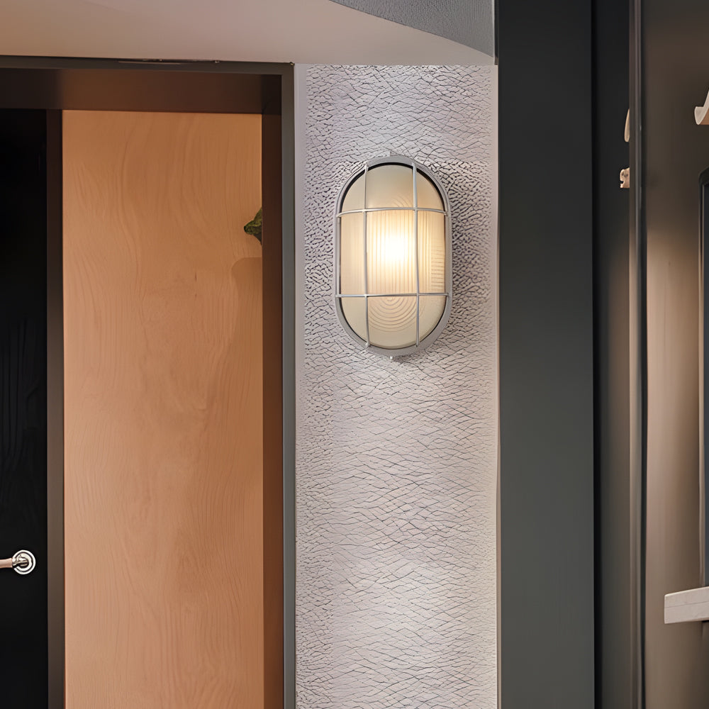 Outdoor wall light retro industrial cast aluminium E27, oval and round ribbed glass shade