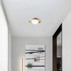 Semi-flush ceiling light with travertine and wood finish, warm white LED glow, modern low-profile design