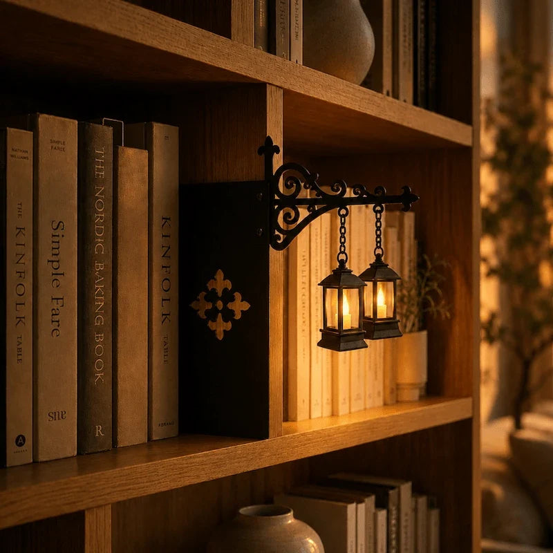Bookshelf light with decorative mini pendant and wrought iron bracket, warm white cordless
