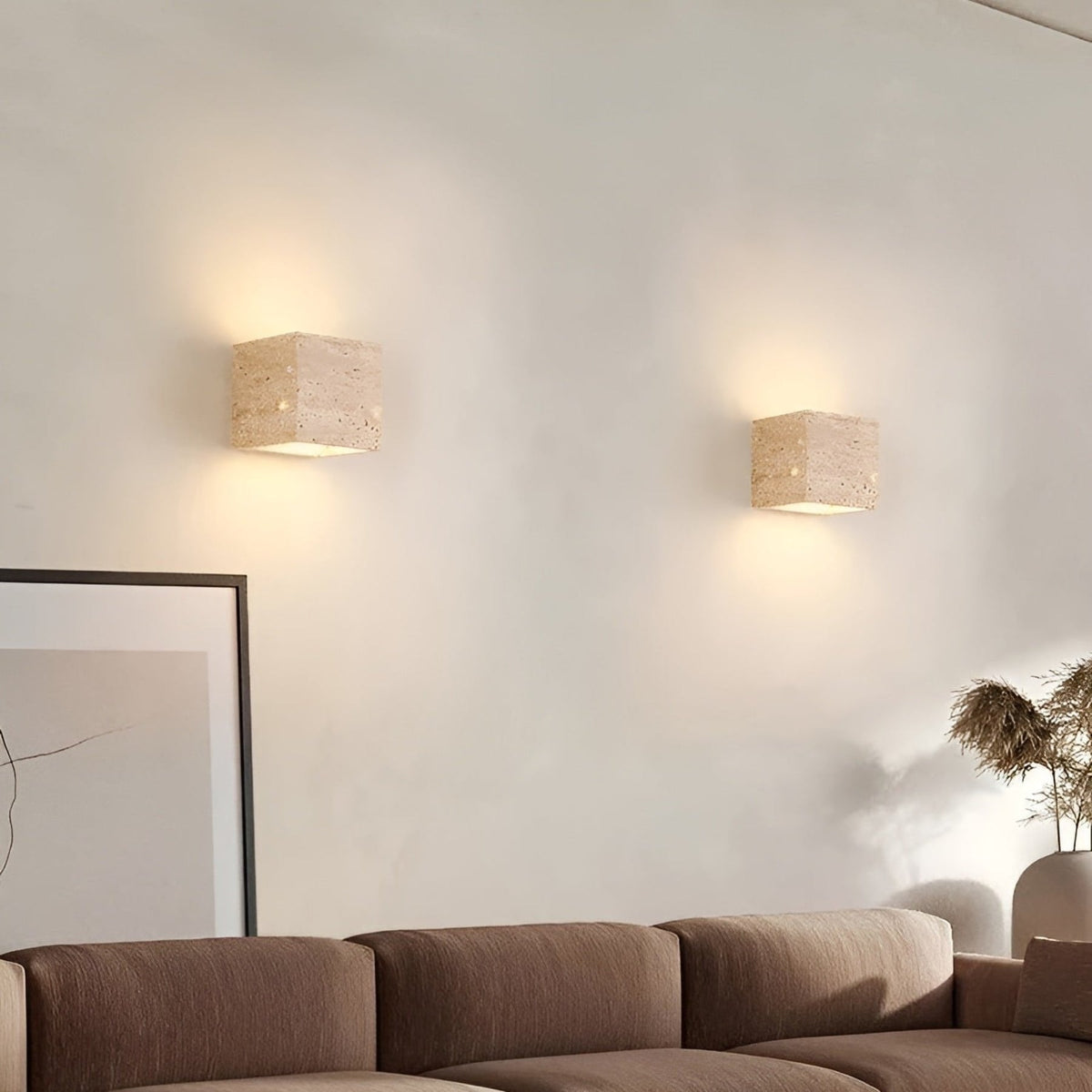 Travertine stone wall light square warm LED hardwired modern indoor sconce