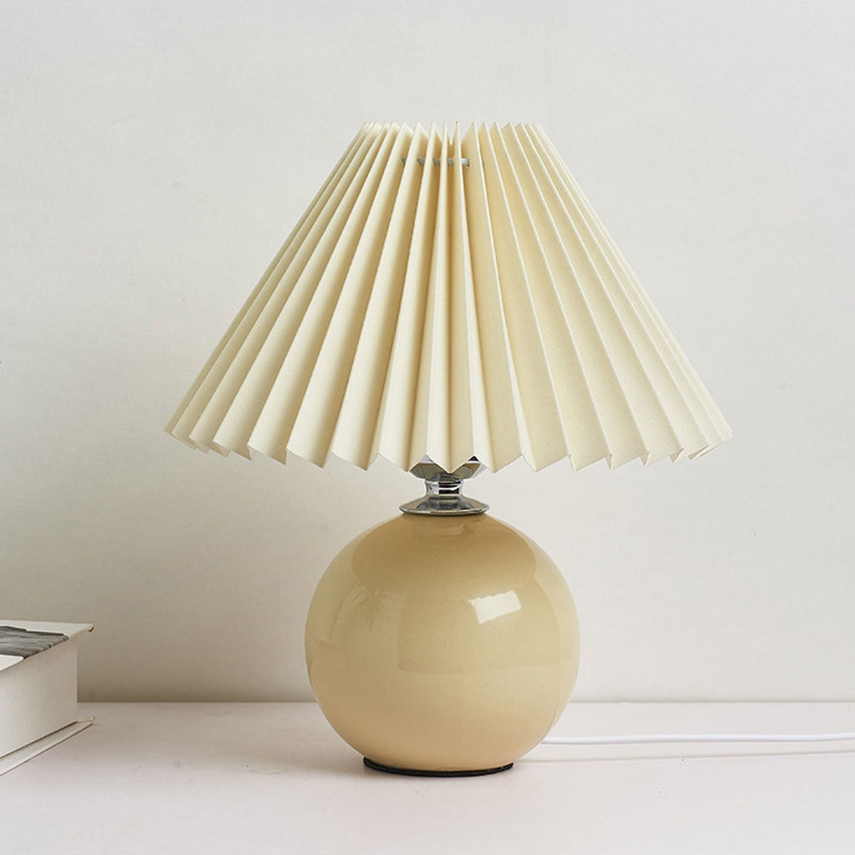 Ceramic table lamp vintage plug-in design with pleated cone shade, minimalist