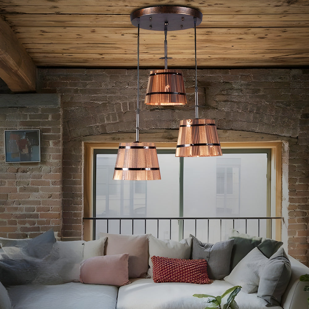 Pendant light with rustic wooden bucket shade, industrial vintage style