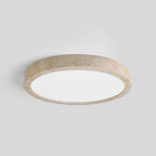 Flush mount ceiling light with travertine finish, slim profile, round LED, three sizes