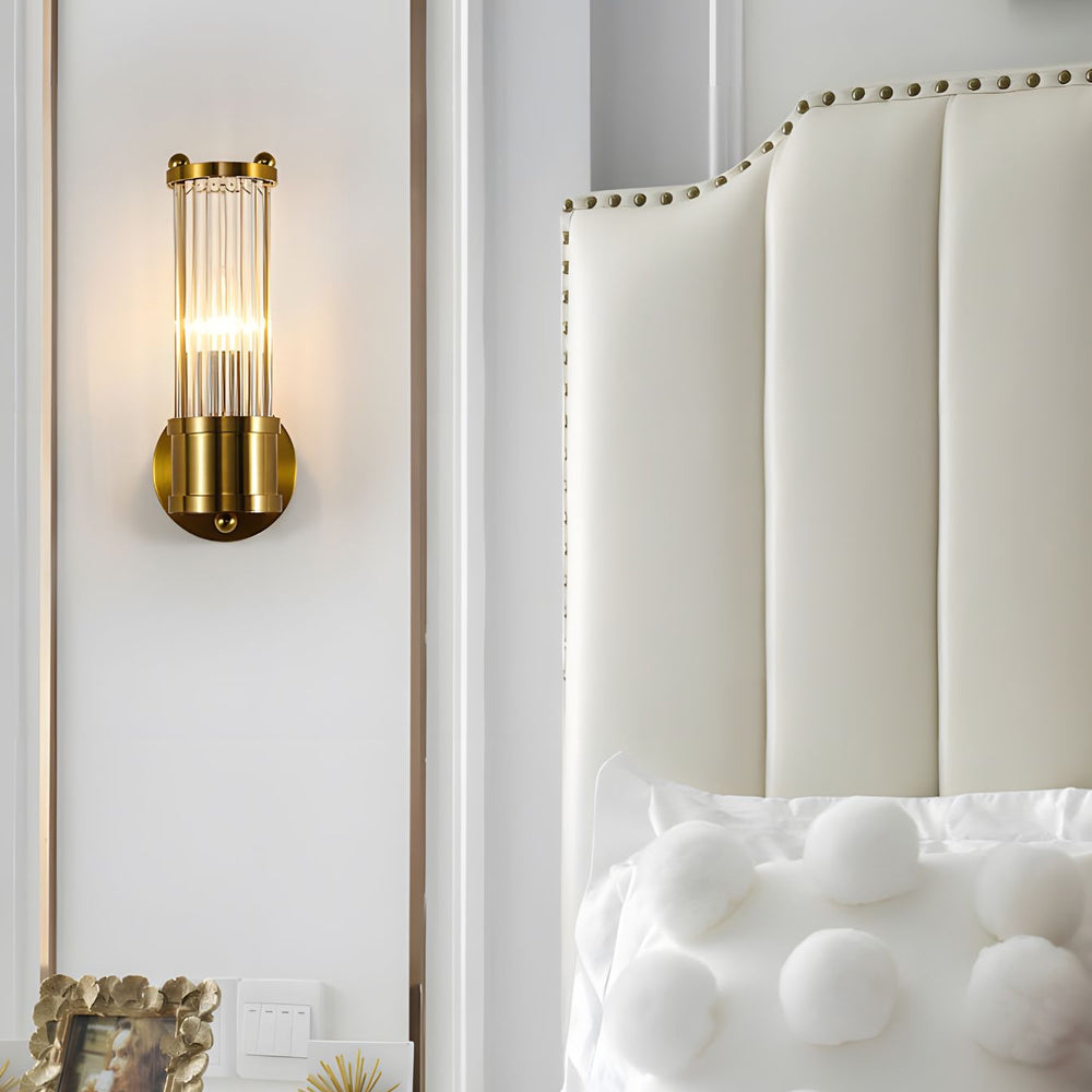 Modern wall lamp with cylindrical ribbed clear glass shade in chrome and gold finish, 1 or 2 light