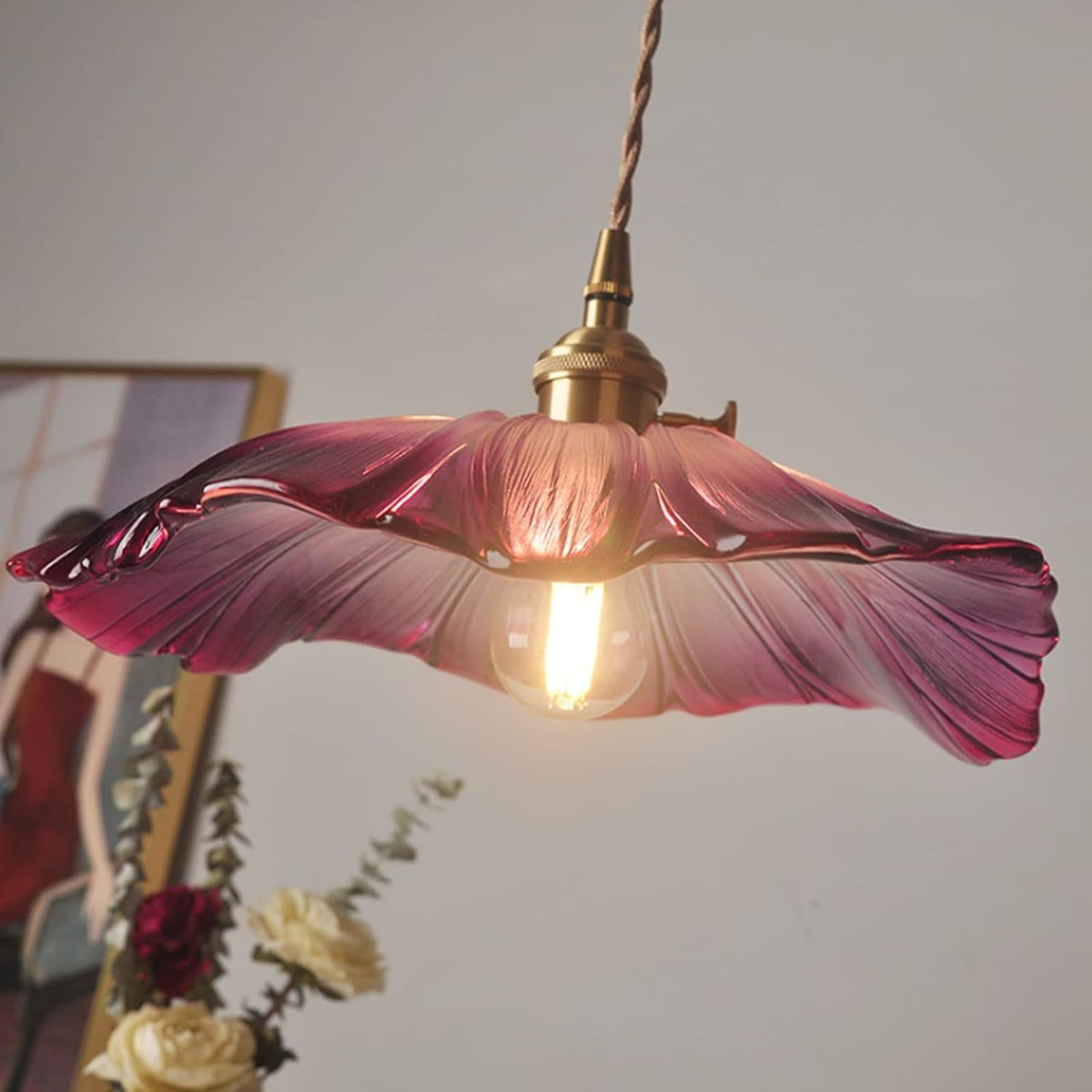 Glass pendant light bohemian warm LED glow, copper and glass shade