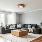 Flush mount ceiling light with walnut wood finish and multi-color LED, modern low-profile design