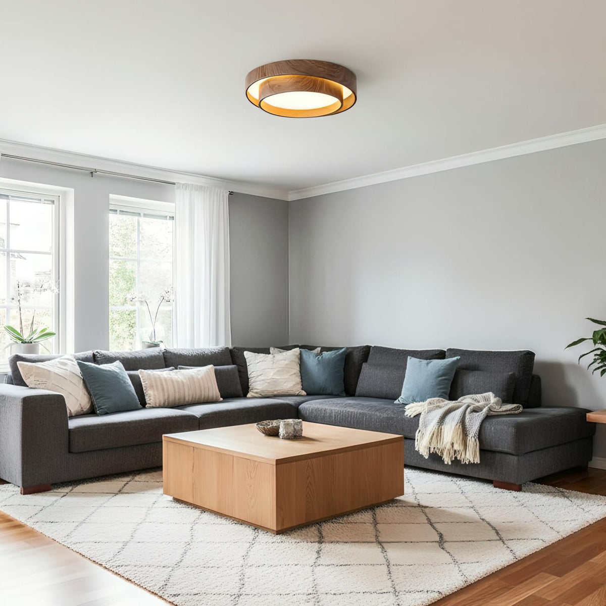 Flush mount ceiling light with walnut wood finish and multi-color LED, modern low-profile design