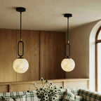 Marble pendant light warm LED glow, minimalist natural stone hardwired ceiling fixture