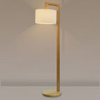 Japanese right angle arm floor lamp in beige, wood and fabric shade, 155cm height