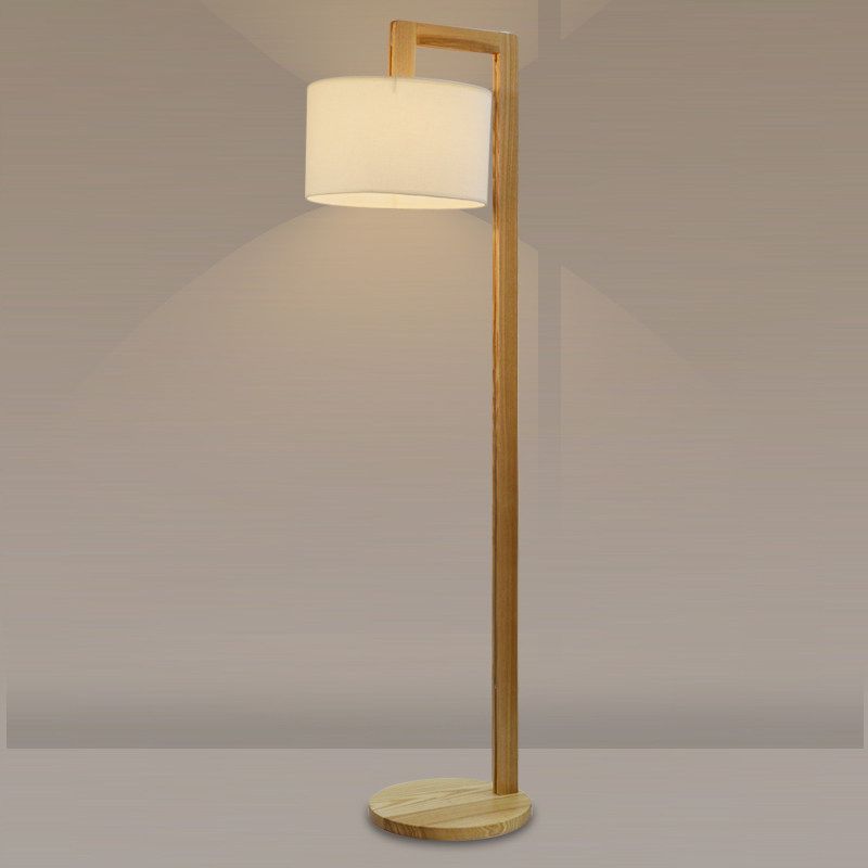 Japanese right angle arm floor lamp in beige, wood and fabric shade, 155cm height