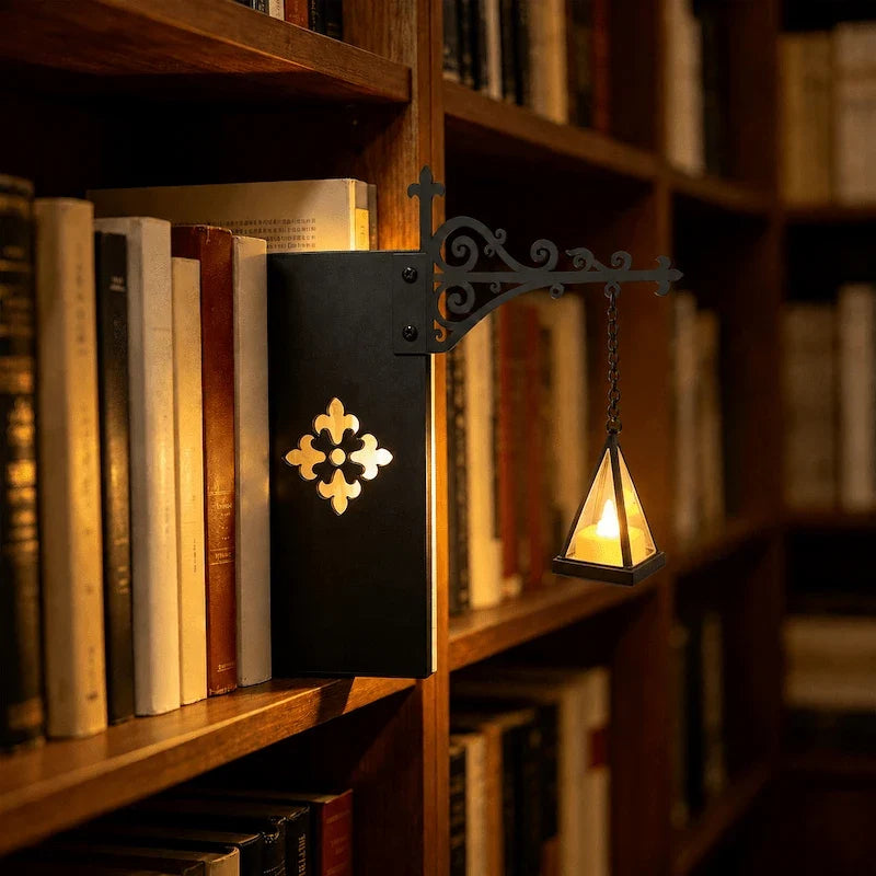 Bookshelf light with decorative mini pendant and wrought iron bracket, warm white cordless