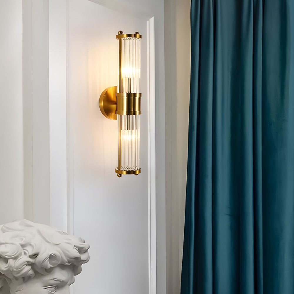 Modern wall lamp with cylindrical ribbed clear glass shade in chrome and gold finish, 1 or 2 light
