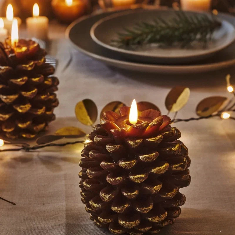 Flameless LED pinecone candles with remote timer and warm white flicker effect