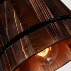 Pendant light with rustic wooden bucket shade, industrial vintage style
