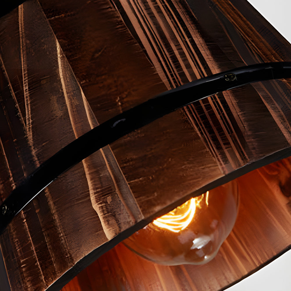 Pendant light with rustic wooden bucket shade, industrial vintage style