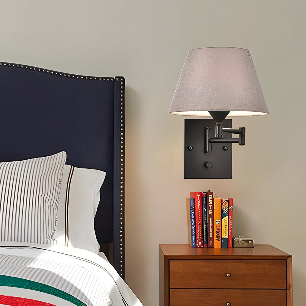Plug-in swing arm wall lamp with linen shade and black iron frame, warm white E26 LED