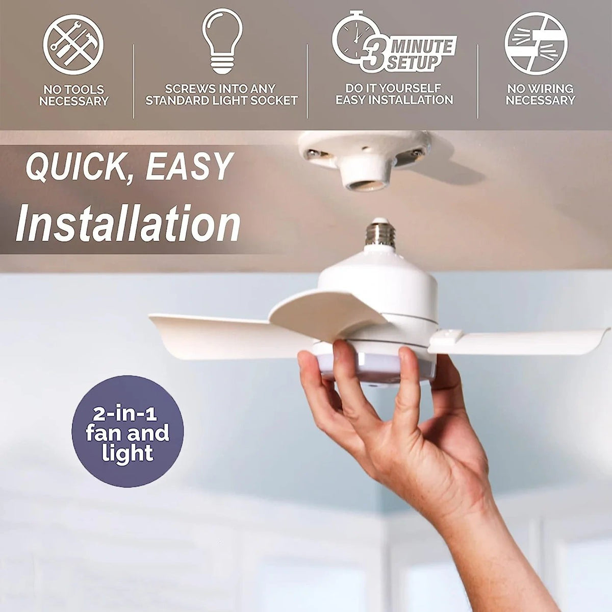 2-in-1 dimmable socket fan E26 E27 with remote control, LED ceiling fan