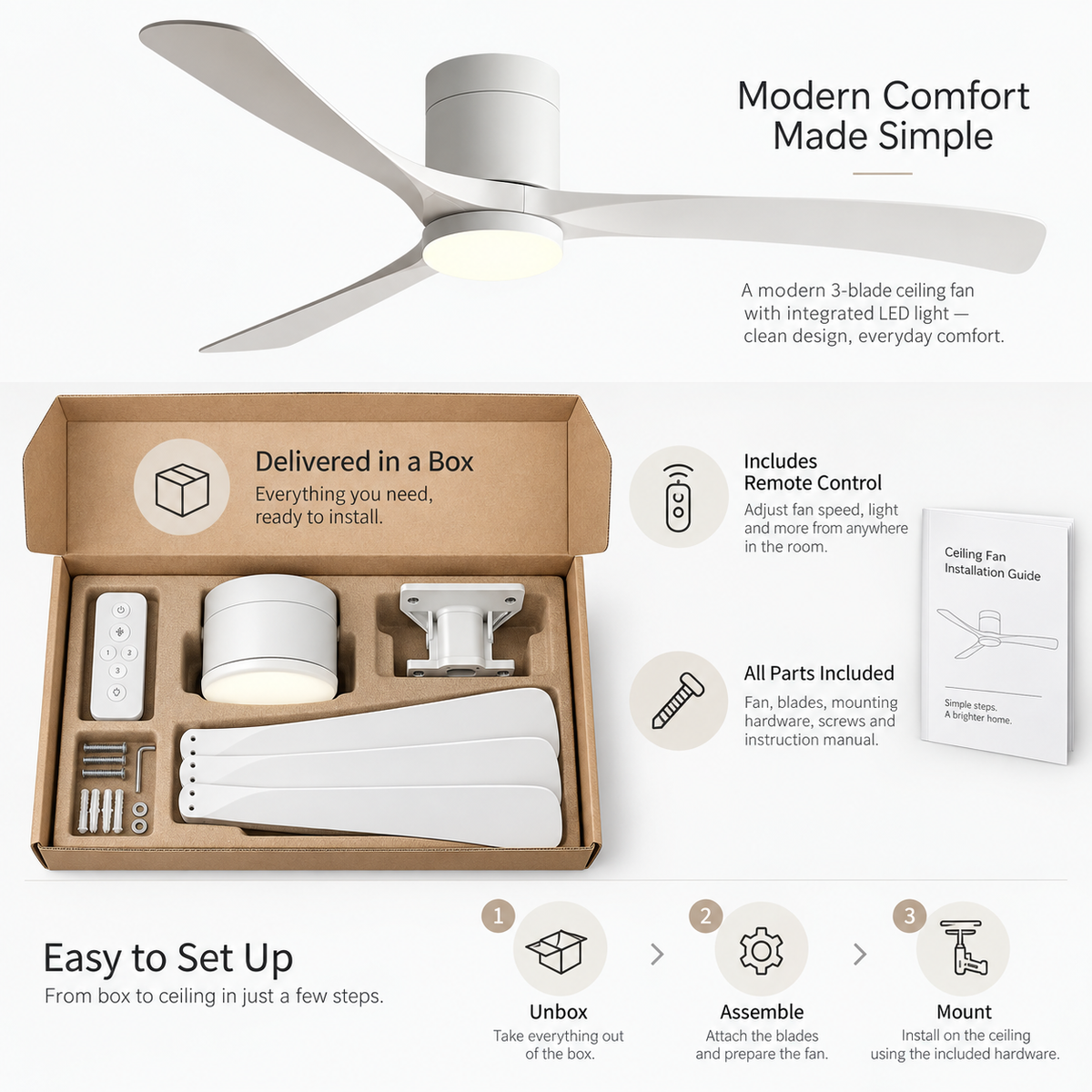 Ceiling Fan with LED Light | 6 Speed, Whisper Quiet | Modern Design
