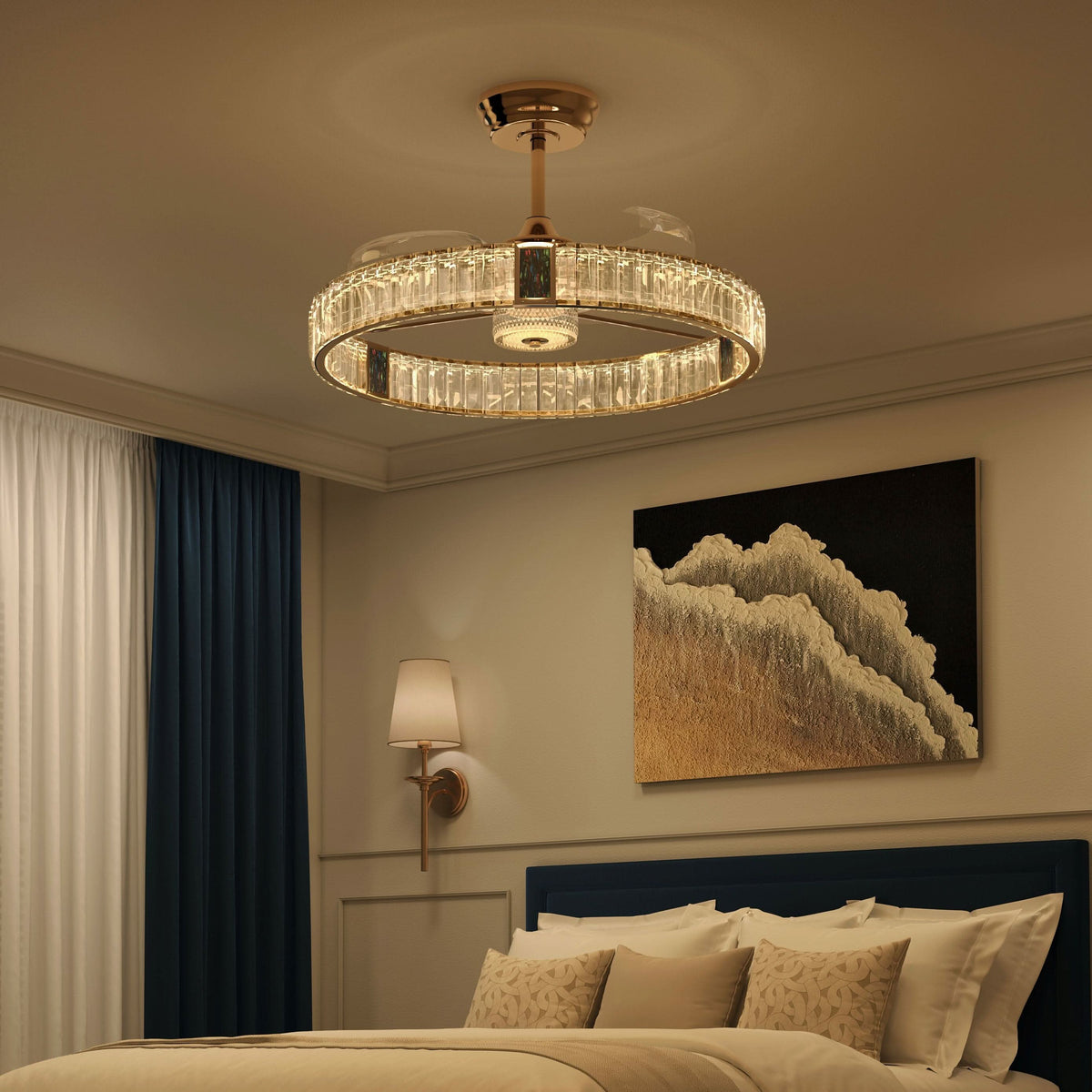 DC ceiling fan with LED light, gold crystal chandelier design, 60cm, 6 speeds with remote control