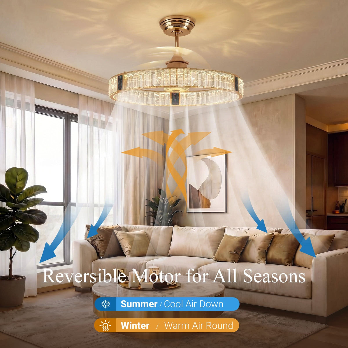 DC ceiling fan with LED light, gold crystal chandelier design, 60cm, 6 speeds with remote control