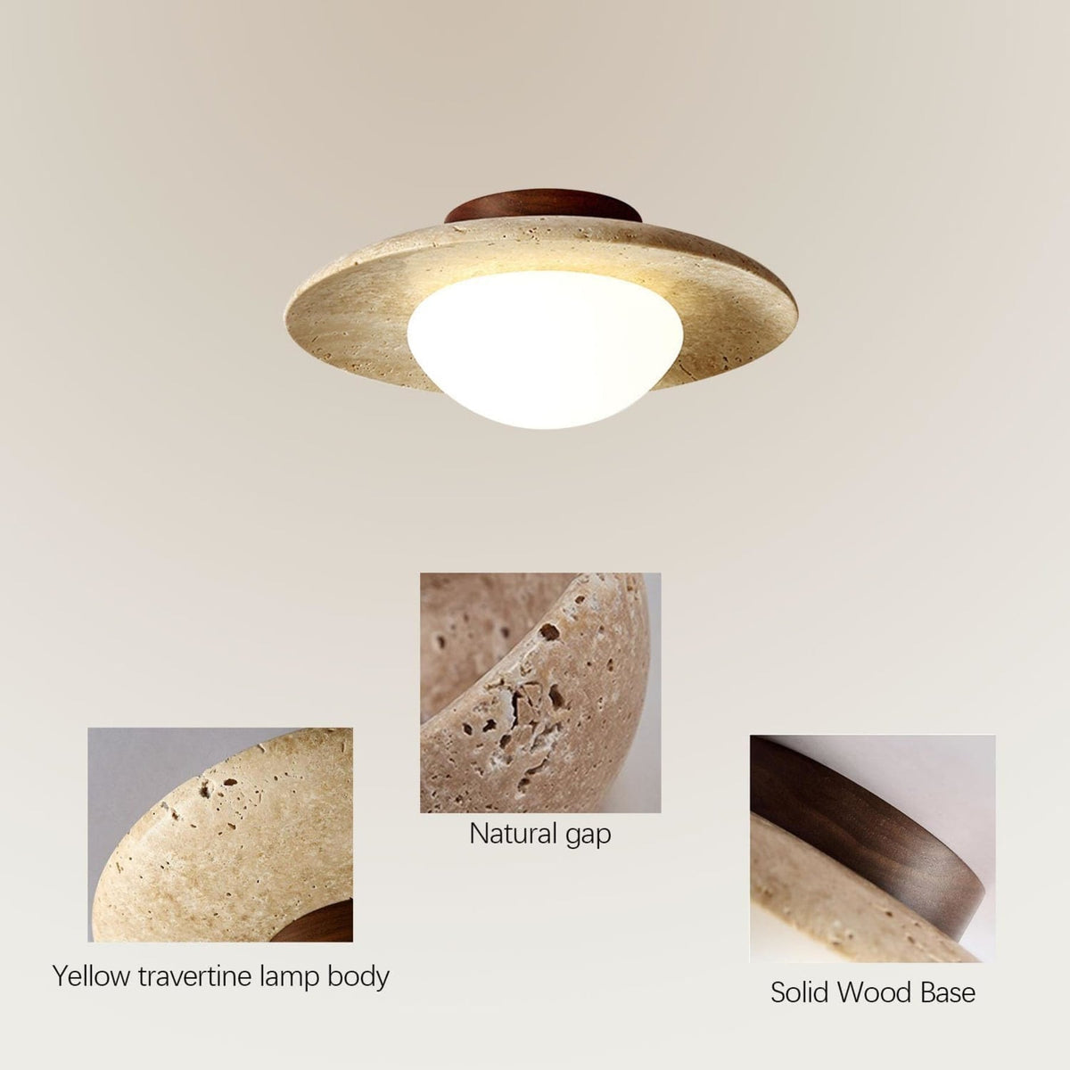 Semi-flush ceiling light with travertine and wood finish, warm white LED glow, modern low-profile design