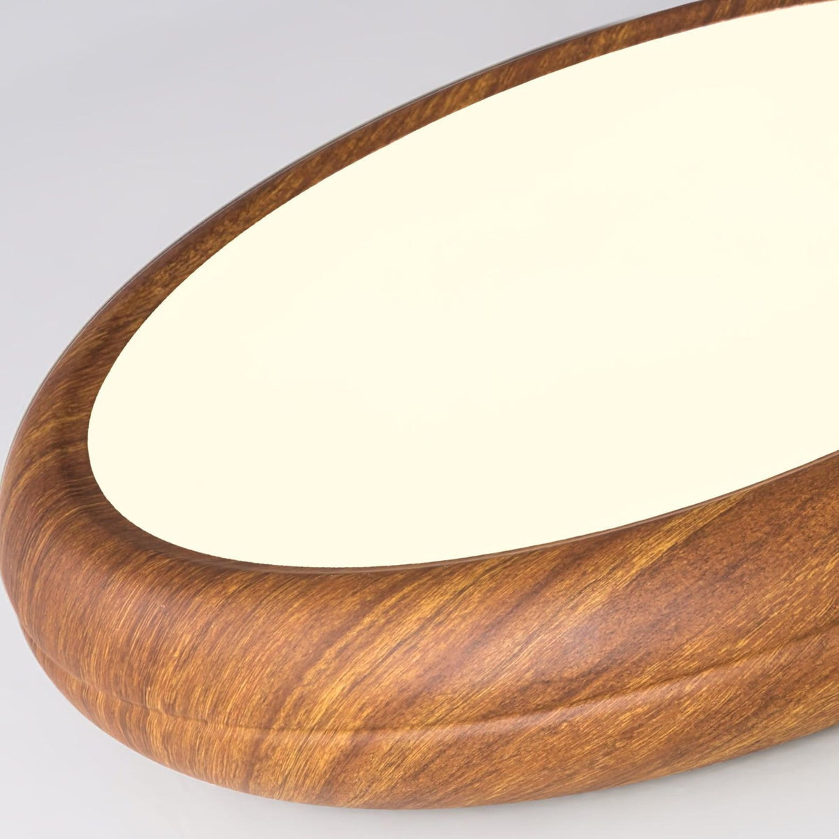 Flush mount ceiling light with walnut wood grain and white iron frame, slim modern profile