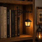Bookshelf light with decorative mini pendant and wrought iron bracket, warm white cordless