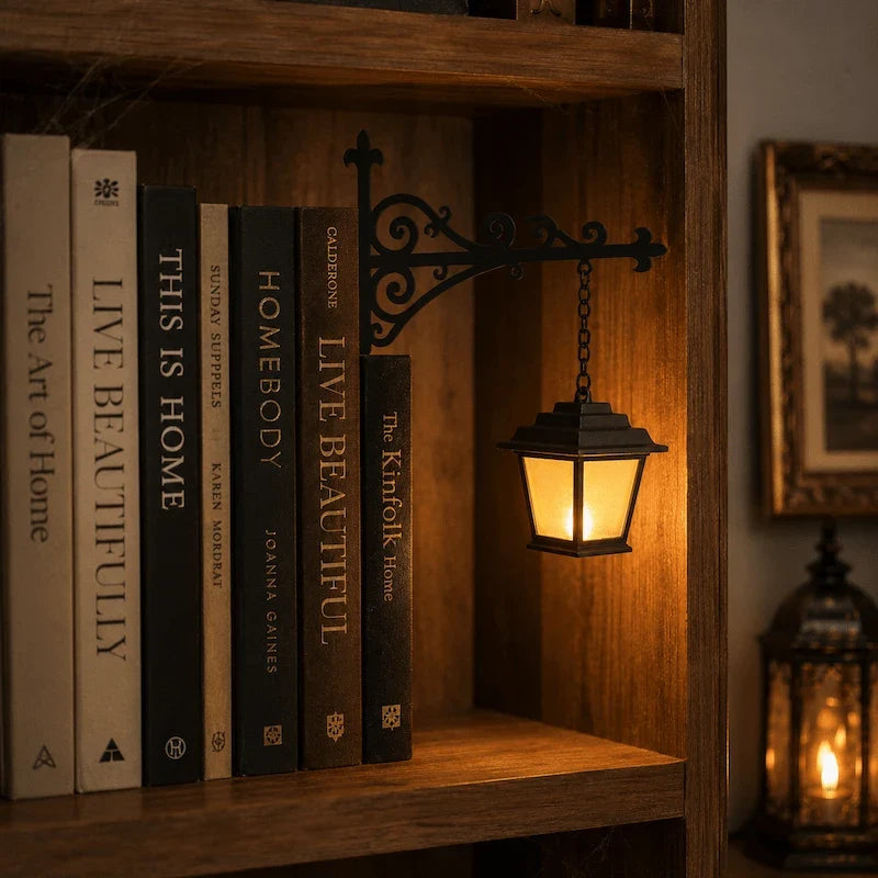 Bookshelf light with decorative mini pendant and wrought iron bracket, warm white cordless