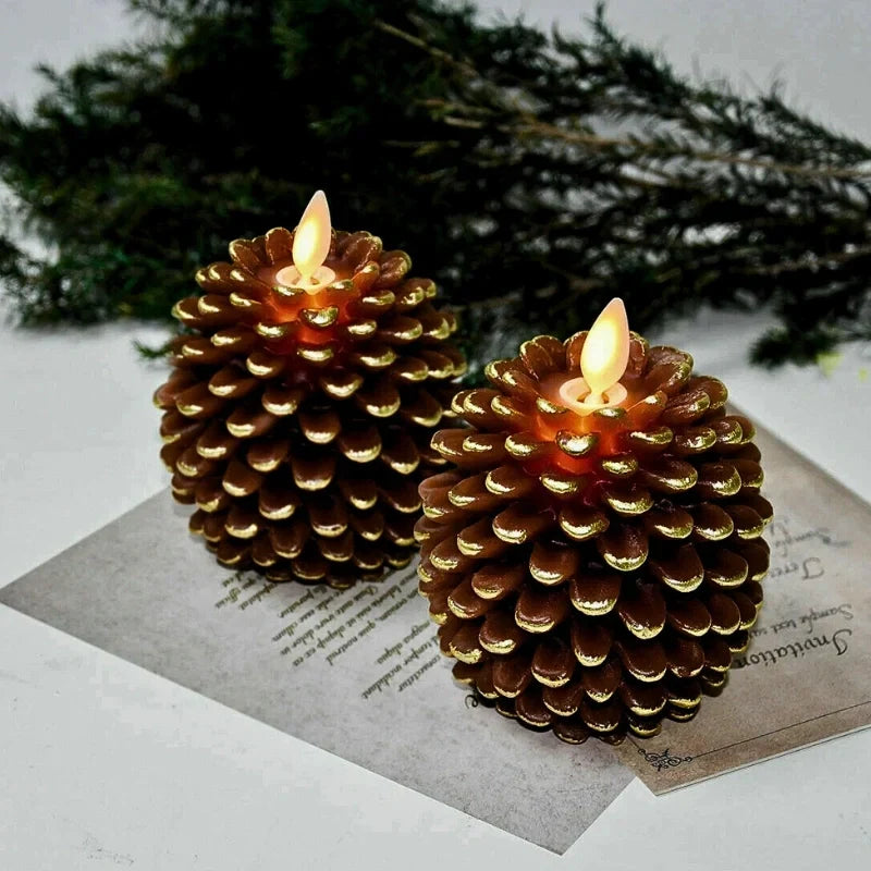 Flameless LED pinecone candles with remote timer and warm white flicker effect