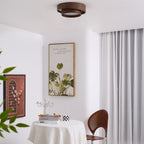 Flush mount ceiling light with walnut wood finish and multi-color LED, modern low-profile design