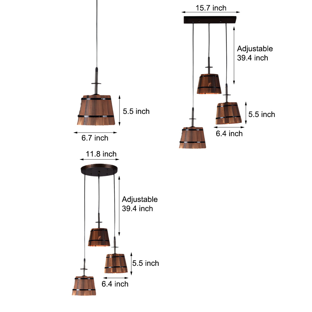 Pendant light with rustic wooden bucket shade, industrial vintage style